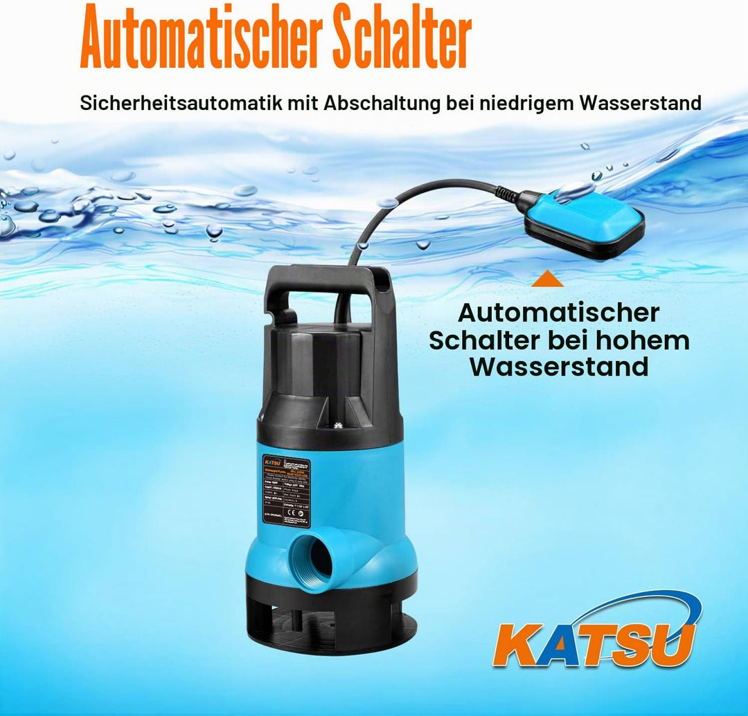 KATSU 400W Tragbare Tauchpumpe für sauberes und schmutziges Wasser 8000L/h für Gartenteich, Pools, G