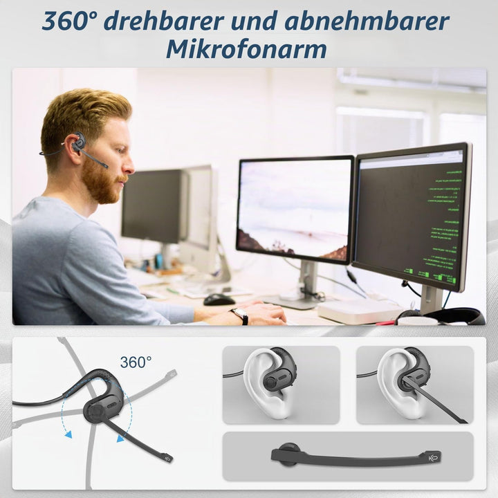 BANIGIPA Bluetooth Headset mit abnehmbarem Mikrofon, Noise Cancelling Wireless Headset für Telefone