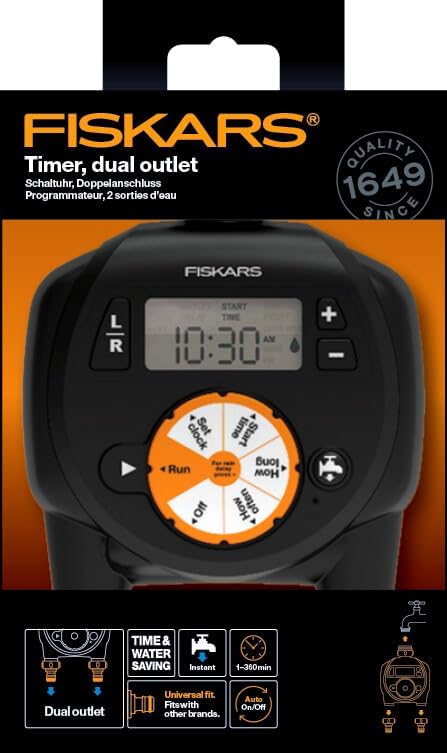 Fiskars Zeitschaltuhr/Timer mit 2 Ausgängen, Für alle gängigen Wasserhahngrössen, Leicht ablesbares