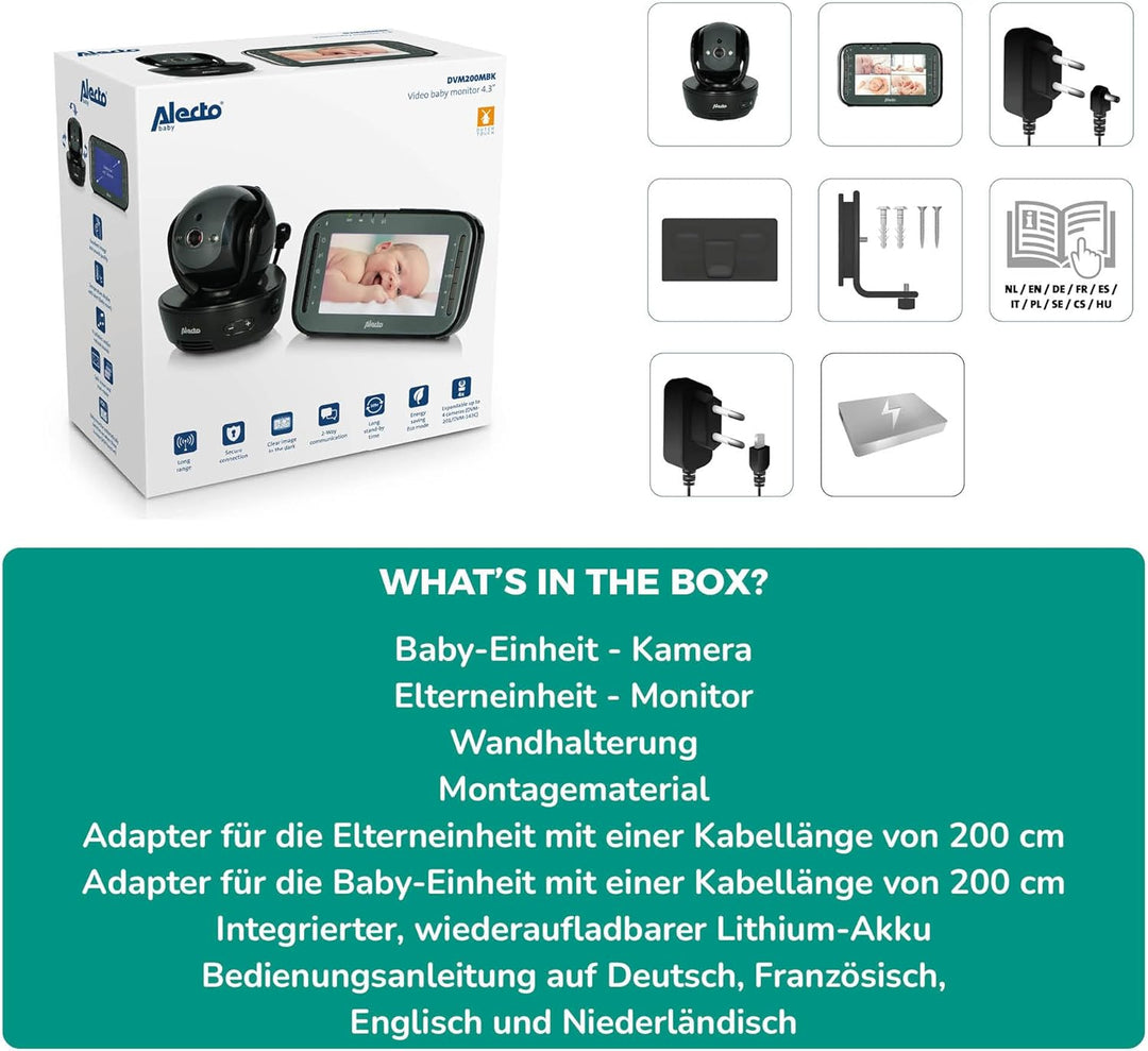 Alecto DVM200MBK Funk Babyphone steuerbarer Kamera - 100% störungsfreie Babyfon - Indoor Baby Monito