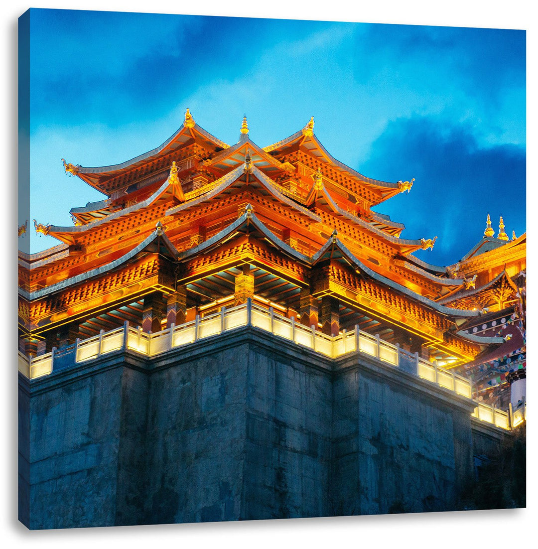 Pixxprint Leuchtender Tempel in China, Format: 70x70 auf Leinwand, 70x70