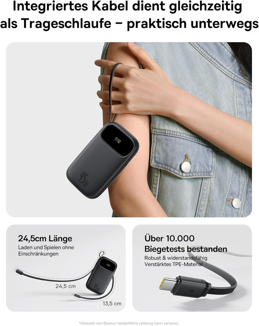 Baseus QPow3 Powerbank 45W 20000mAh mit 2 integriertem USB-C Kabel, Power Bank PD3.0 QC4.0, 3 USB C