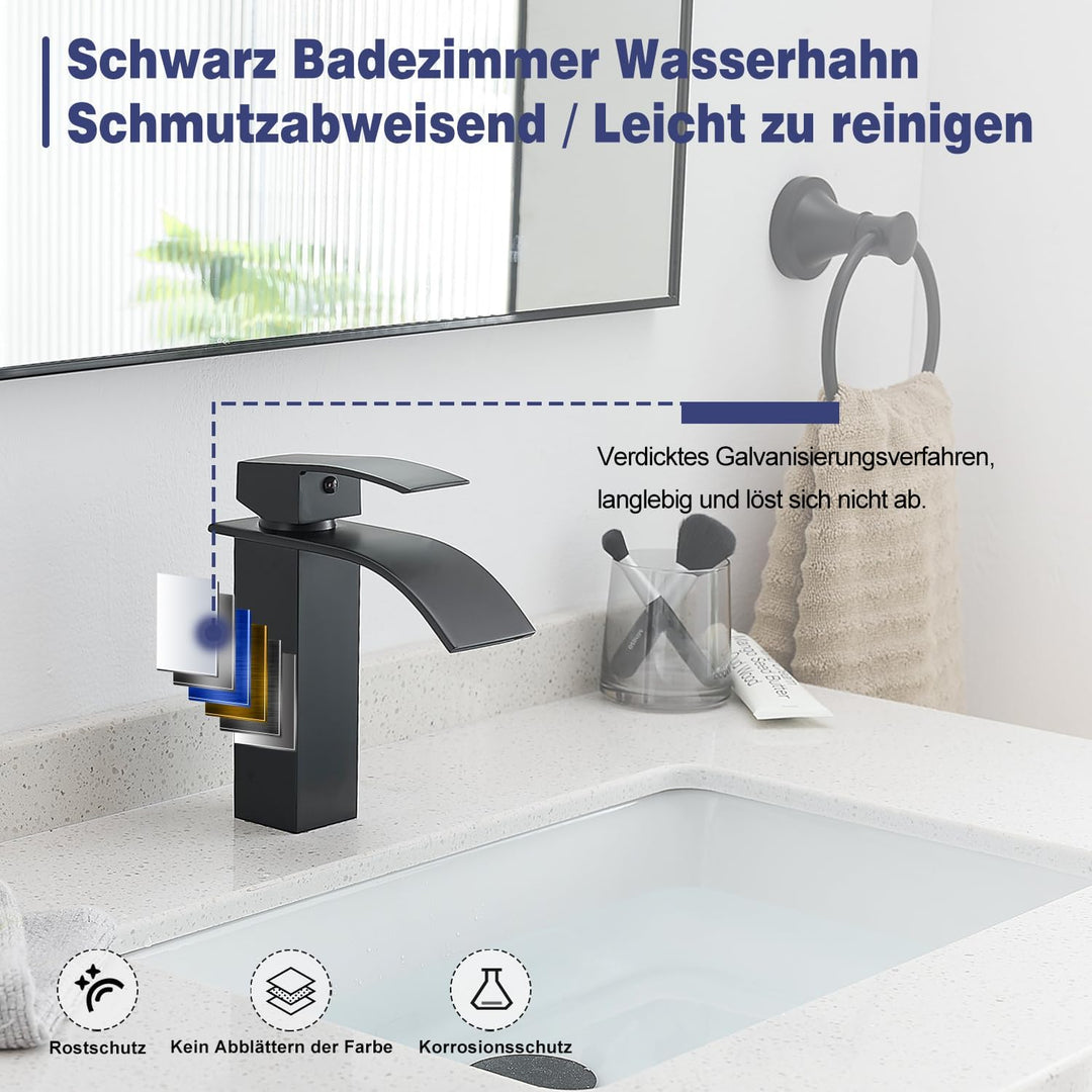 GENBONS Wasserhahn Bad Schwarz, Wasserfall Waschtischarmatur für Badezimmer, Mischbatterie Waschbeck
