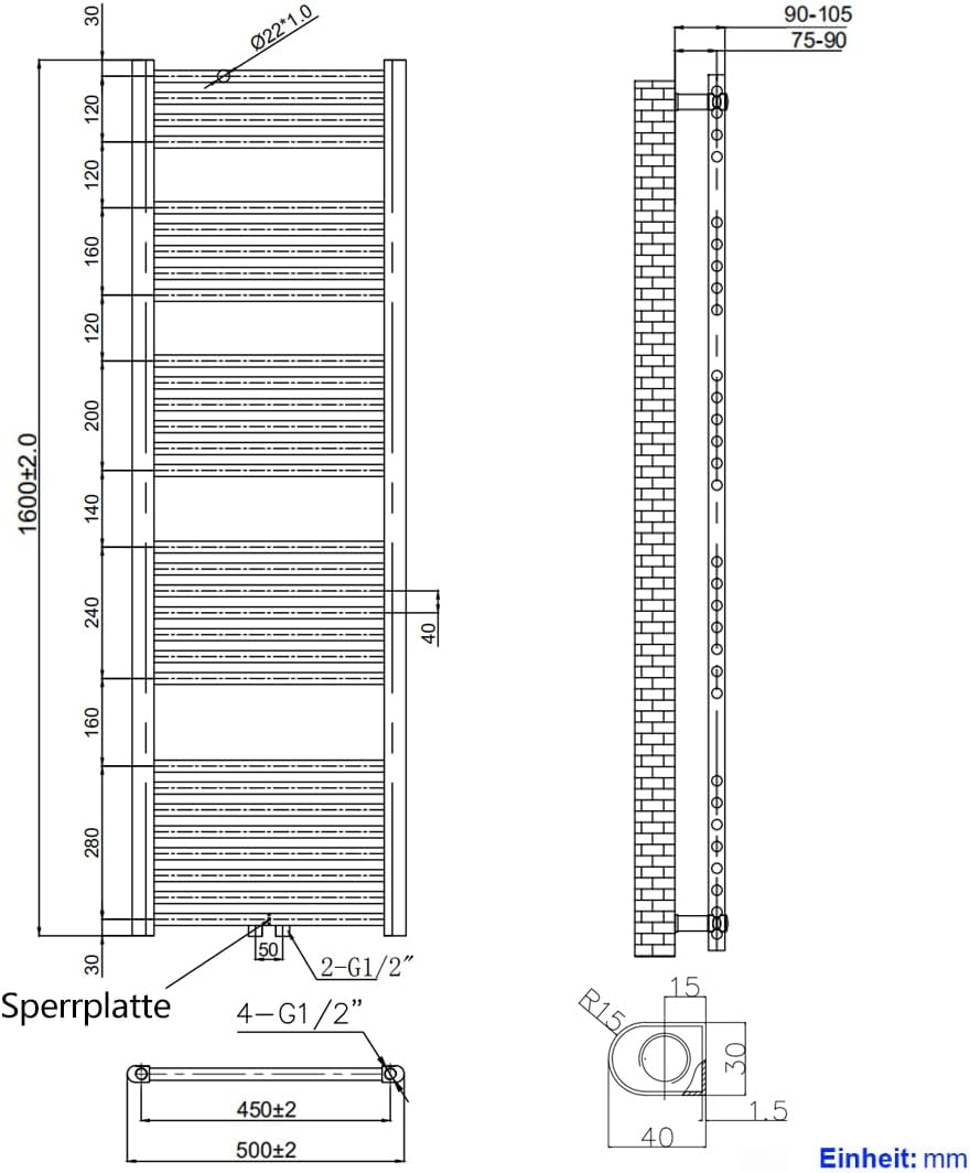 Heilmetz® Badheizkörper Anthrazit Handtuchtrockner Heizung 1600 x 500 mm Bad Heizkörper Handtuchheiz