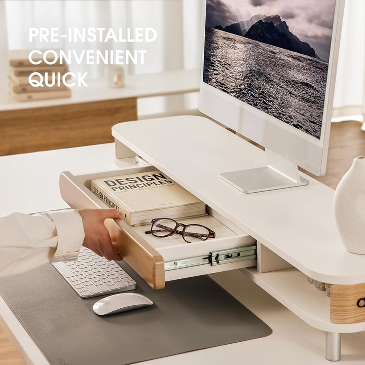 Fenge Dual Monitorständer mit Schublade, 108cm Bildschirmerhöhung mit Aluminiumbeinen & Ledergriff,