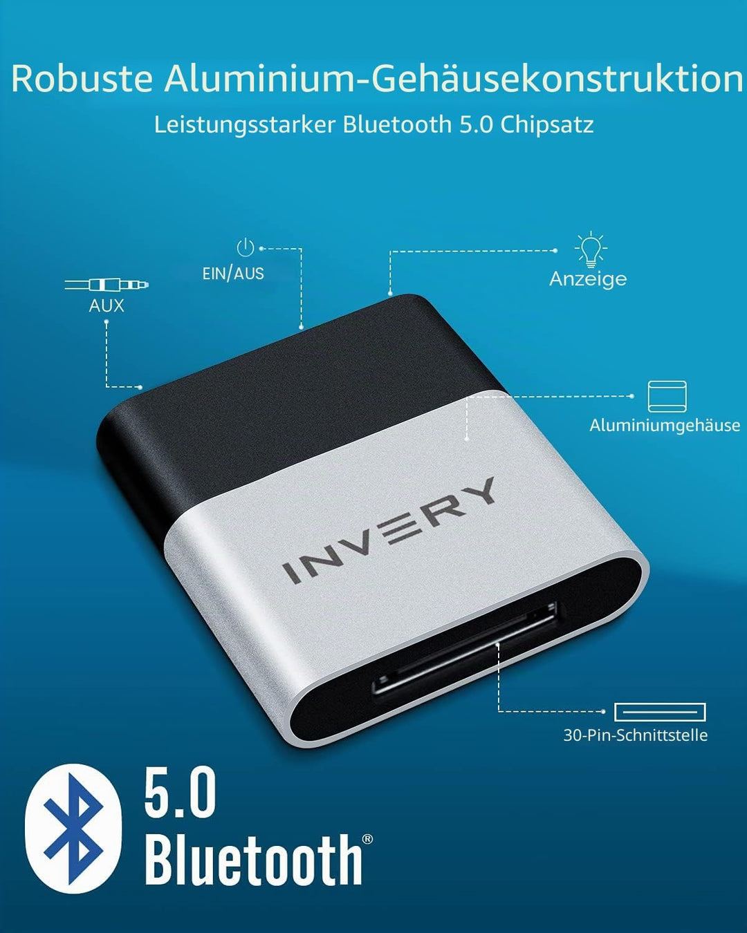 INVERY DockLinQ Pro 30-Pin-Bluetooth-5.0-Adapter-Empfänger für Bose Sounddock und andere 30-Pin-iPod