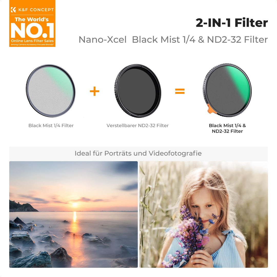 K&amp;F CONCEPT Filter 52mm Black Mist 1/4 &amp; Variable ND2-ND32 2-in-1-Multifunktionsfilter (Nano-Xcel Se