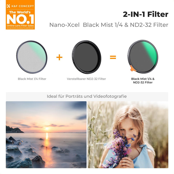 K&amp;F CONCEPT Filter 52mm Black Mist 1/4 &amp; Variable ND2-ND32 2-in-1-Multifunktionsfilter (Nano-Xcel Se