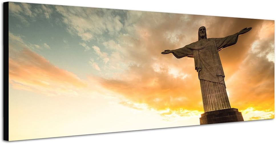 Paul Sinus Art Panoramabild auf Leinwand und Keilrahmen 150x50cm Rio De Janeiro Statue Sonnenunterga