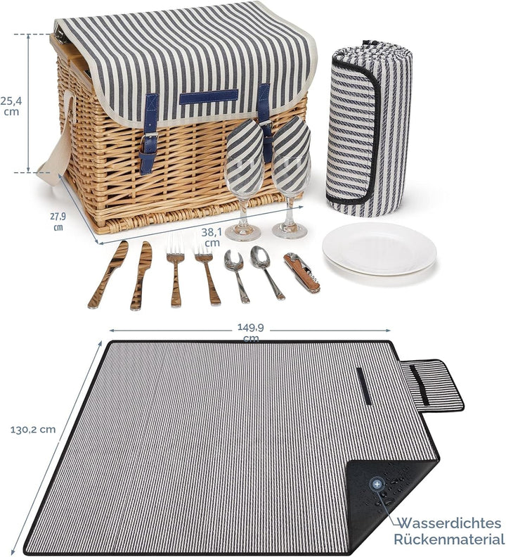 Weidenkorb Picknickkorb für 2 Personen Picknickset, Weidenkorb Service Geschenkset mit Bambus Weinti