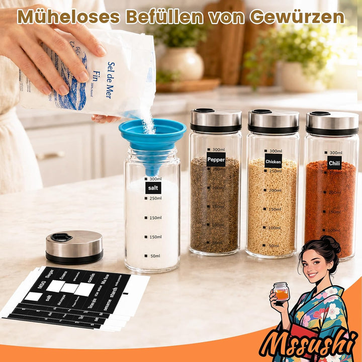 Mssushi 4er Set Salzstreuer Klein mit Drehdeckel 300ml | 10oz, Gewürzgläser Rund Glas Leer, 4 Lochgr