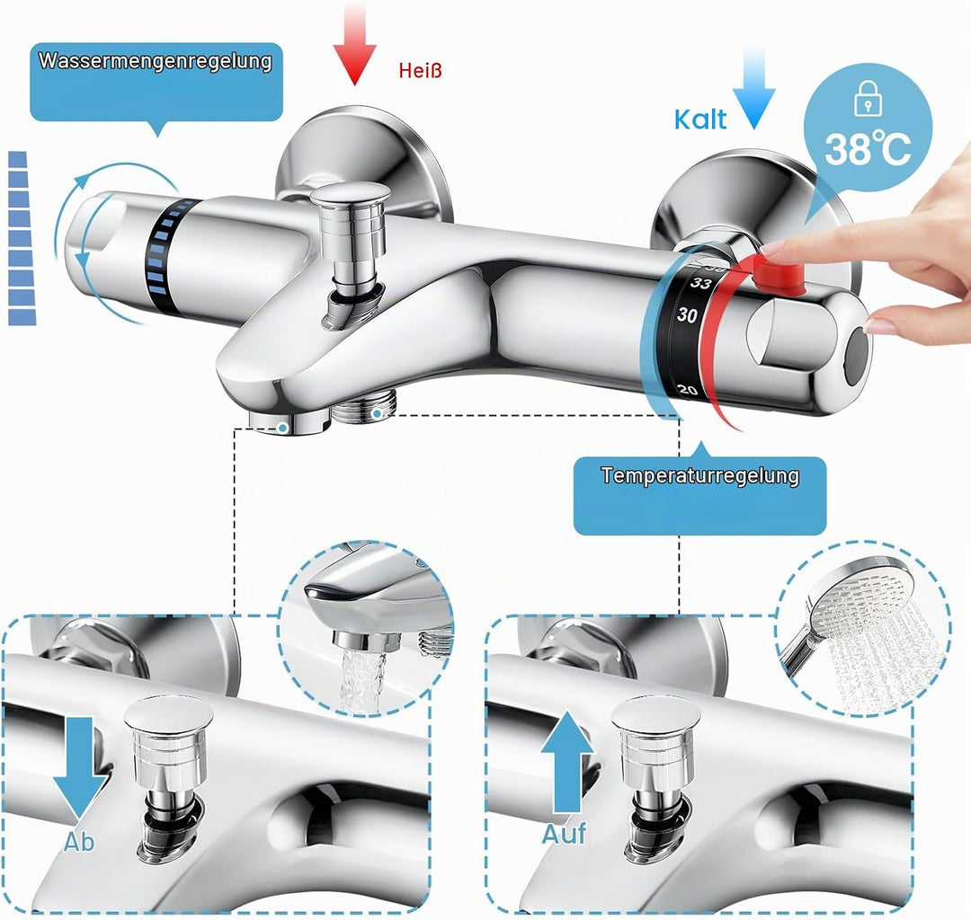 Duscharmatur mit Thermostat aus Messing, Chrom Mischbatterie und Aufputz für Badewanne und Dusche mi