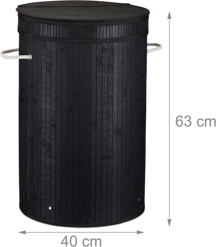 Relaxdays 1 x Wäschekorb Bambus, runder Wäschesammler mit Klappdeckel, 65 l, Faltbare Wäschetonne, Ø