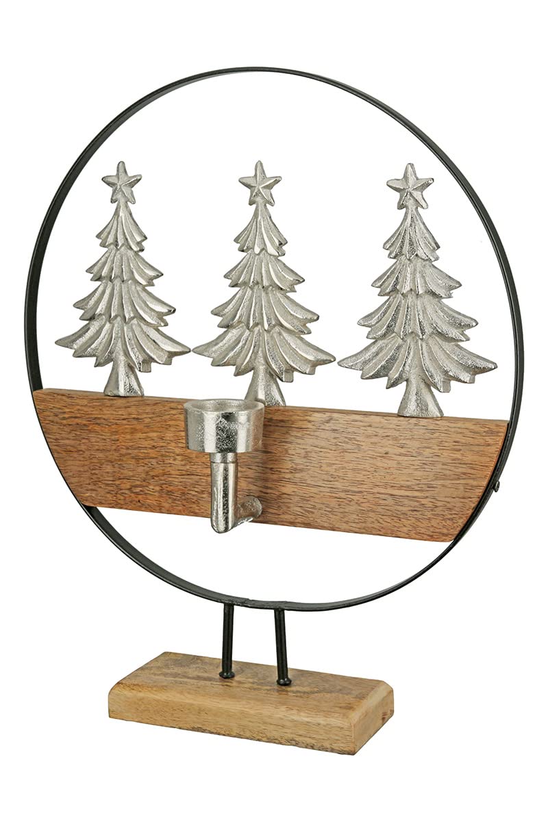 GILDE Holz Weihnachtsdekoration Teelicht Leuchter - Motiv: Tannenbäume aus Aluminium - Farbe: braun