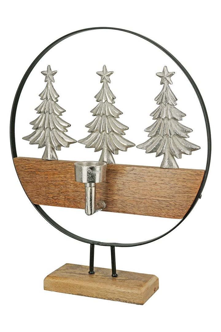 GILDE Holz Weihnachtsdekoration Teelicht Leuchter - Motiv: Tannenbäume aus Aluminium - Farbe: braun