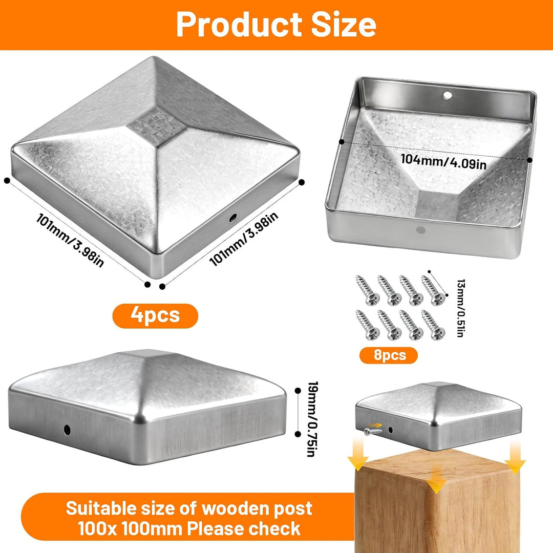 4 Stück Pfostenkappen 101x101mm Zaunpfosten Kappen Rostfreie Verzinkte Pfostenabdeckung aus Metall m