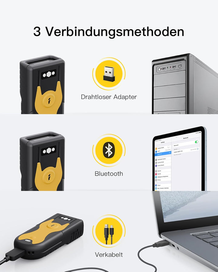 Inateck Mini Barcode Scanner Bluetooth 2D, QR Code Scanner, BCST-42 Gelb | Liest Barcodes von Bildsc