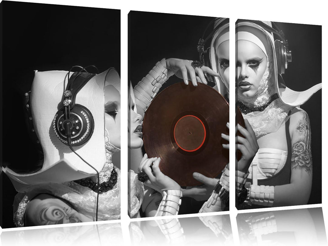 Pixxprint Mysteriöse DJ Frauen Schwarz/Weiss 3-Teiler Leinwandbild 120x80 Bild auf Leinwand