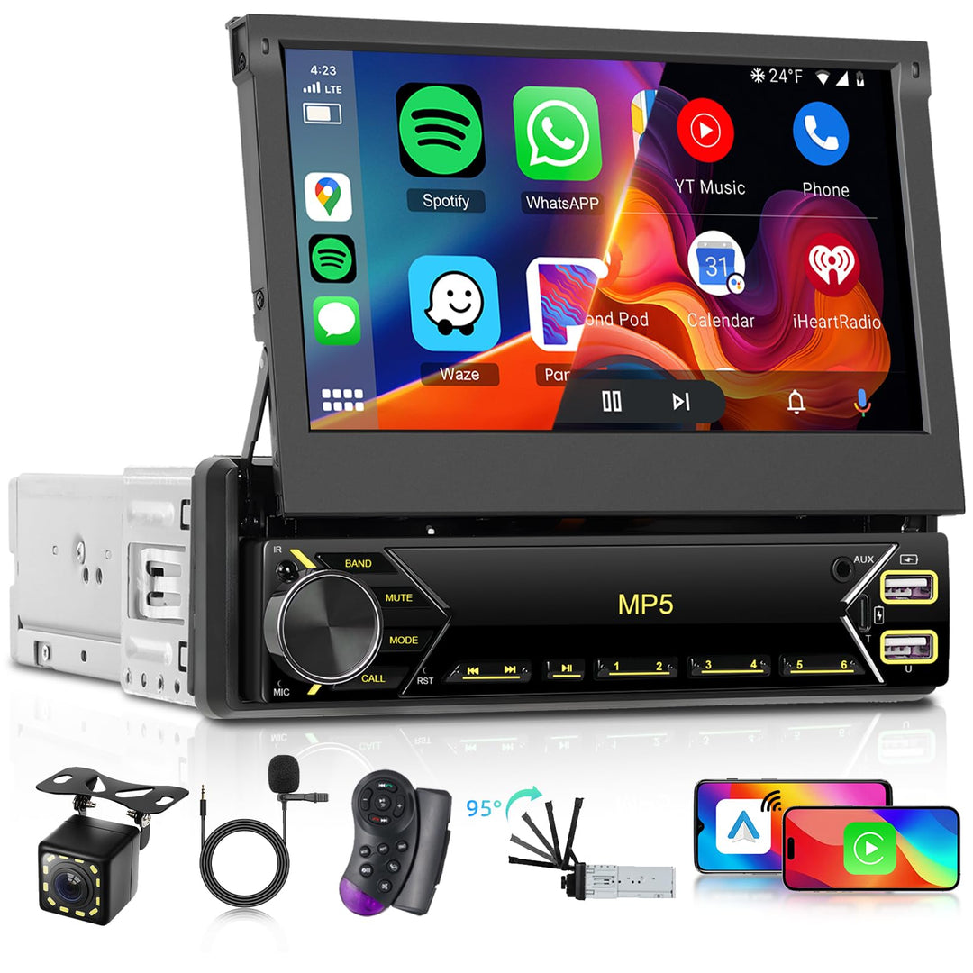 Hodozzy Autoradio 1 Din mit Wireless CarPlay Android Auto, 7 Zoll Ausfahrbarem Touchscreen Bluetooth