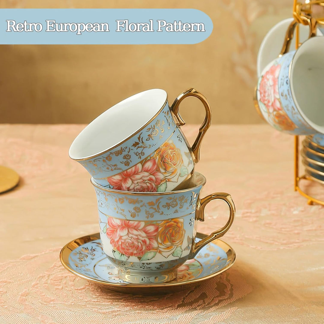 Blau Blume Porzellan Teeservice, Rose Ceramic Tea Set, Vintage Tea Set with Teapot, Metallständer, 1