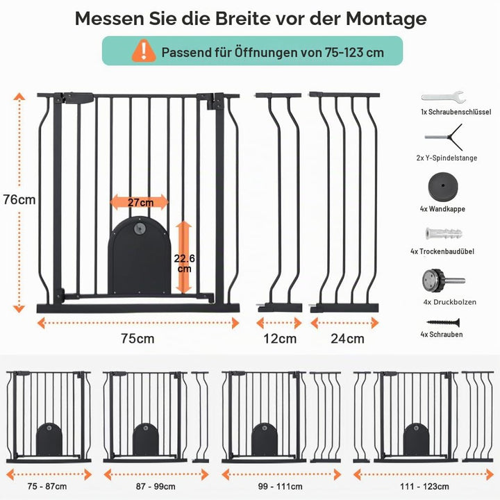 COMOMY Türschutzgitter für Babys, Treppenschutzgitter Ohne Bohren, für Breiten 75-123cm, Schliesst a