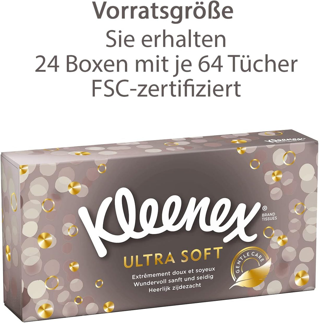 Kleenex Ultra Soft Kosmetiktücher-Boxen, Für den täglichen Gebrauch, 3-lagig, 24 Boxen á 64 Tücher U
