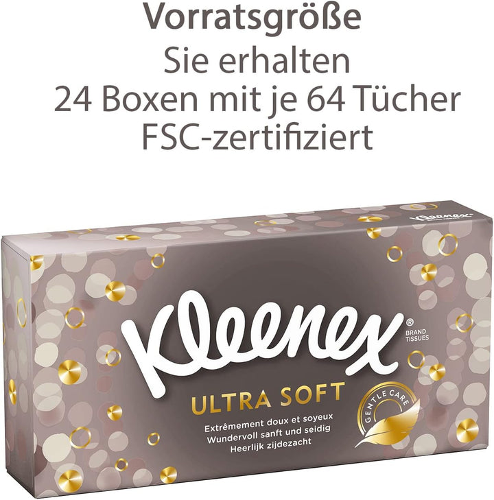 Kleenex Ultra Soft Kosmetiktücher-Boxen, Für den täglichen Gebrauch, 3-lagig, 24 Boxen á 64 Tücher U