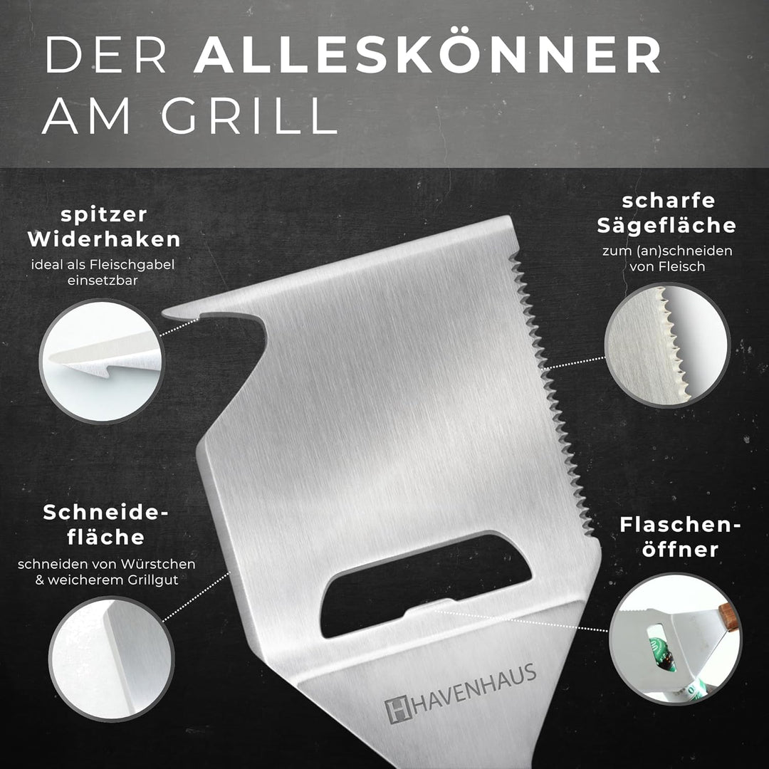 Multi Tool Grillspachtel | 8 in 1 Grillwerkzeug | Der Alleskönner auf dem Grill mit elegantem Akazie
