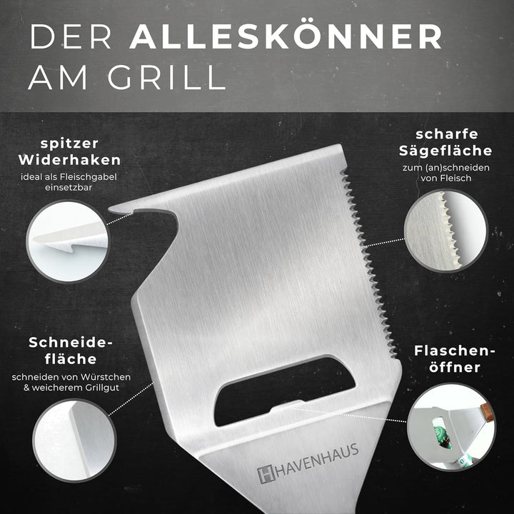 Multi Tool Grillspachtel | 8 in 1 Grillwerkzeug | Der Alleskönner auf dem Grill mit elegantem Akazie