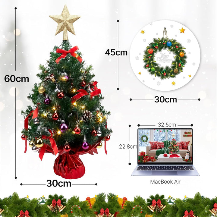 HAUSPROFI Weihnachtsbaum Künstlich LED 60CM, Mini Tannenbaum Künstlich mit Aufkleber/Lichterketten/2