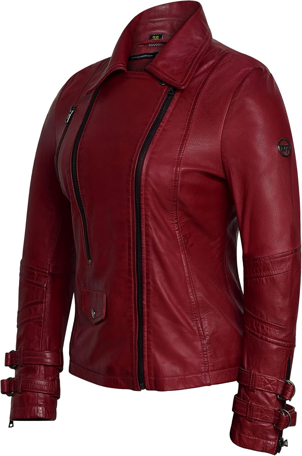 Bluepiel Poula Damen Lederjacke - Modernen Biker-Look - Echt Leder Jacke Rot Tailliert mit Reverskra
