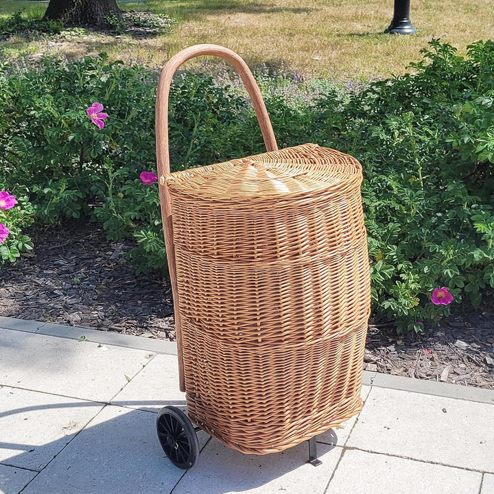 WEECO Einkaufstrolley mit Deckel, Transportkorb mit Rollen, Marktwagen, Holzkorb, Einkaufswagen aus