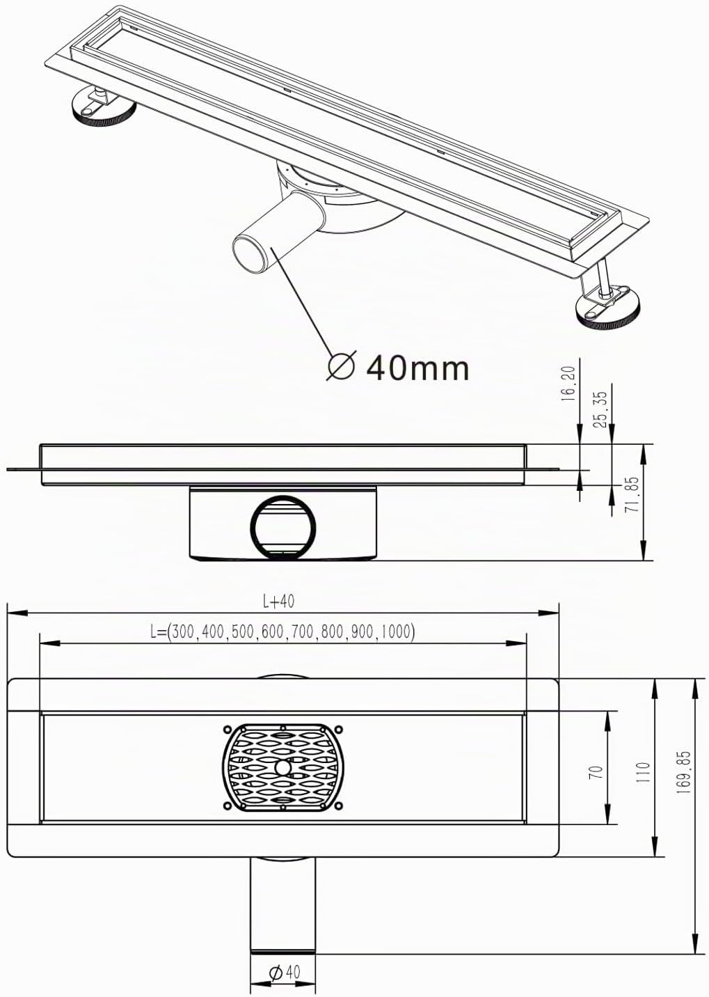 Duschrinne, 100cm,360?,Siphon mit Geruchsstop und Haarsieb Randablauf Befliesbar Edelstahl Ablaufrin