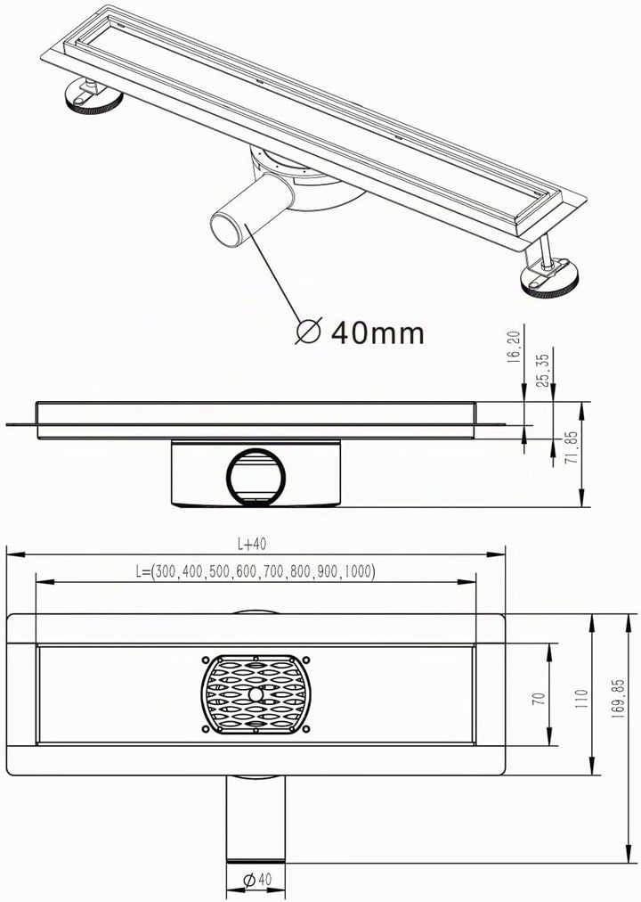 Duschrinne, 100cm,360?,Siphon mit Geruchsstop und Haarsieb Randablauf Befliesbar Edelstahl Ablaufrin