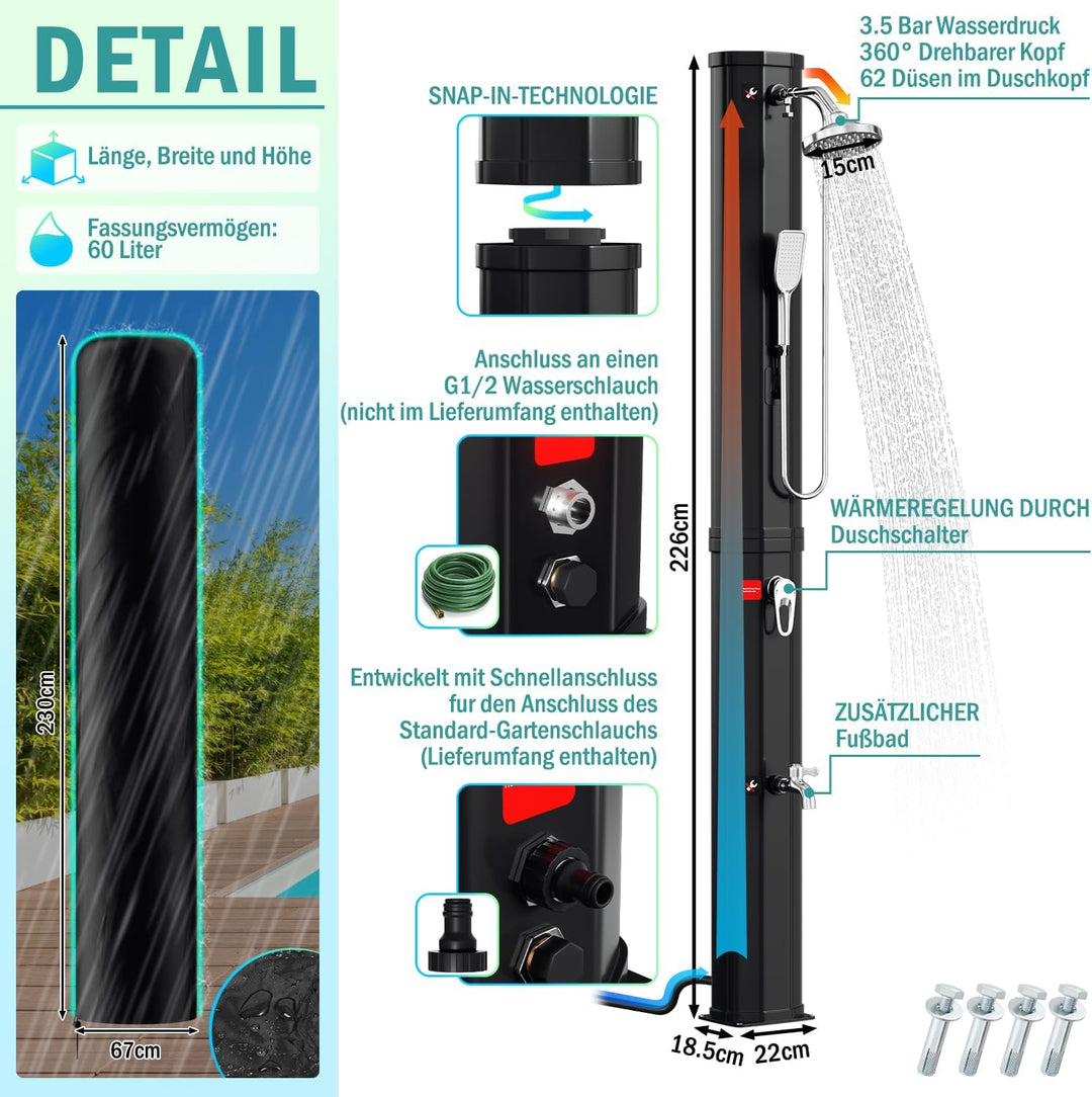 Randaco Solardusche Solar Gartendusche warmes Wasser Bis Zu 60°C Ohne Stromanschluss Pooldusche Camp