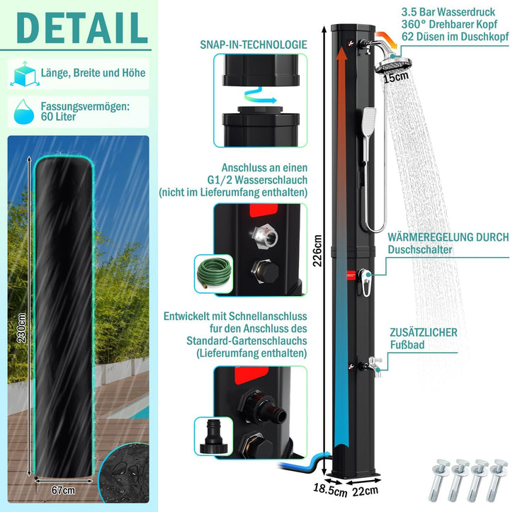 Solardusche 60L Solar Gartendusche warmes Wasser Bis Zu 60°C ohne Stromanschluss Pooldusche Camping