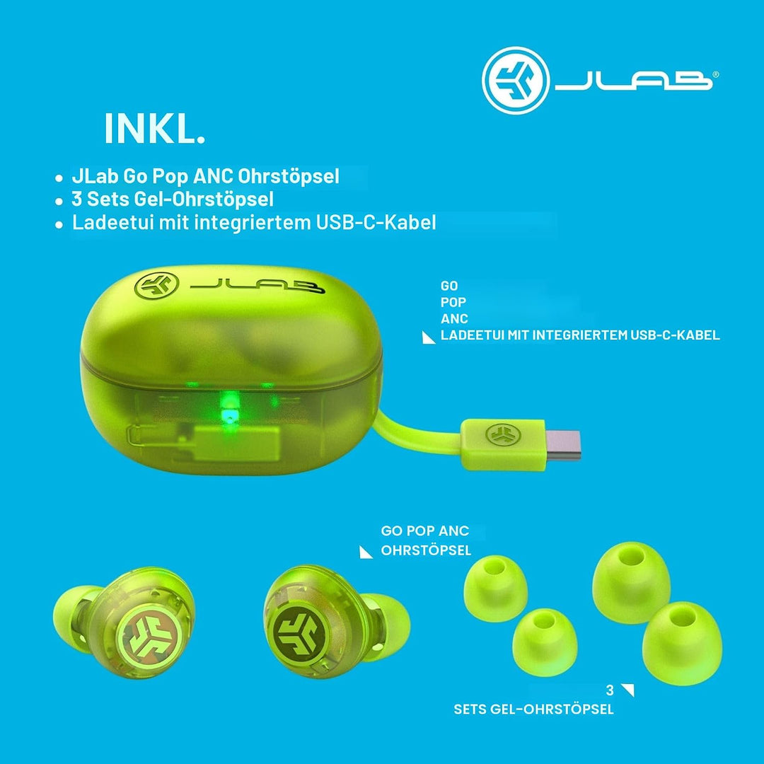 JLab Go Pop ANC In Ear Kopfhörer - Bluetooth, Transparentes Neongrün | Active Noise Cancelling, 24+