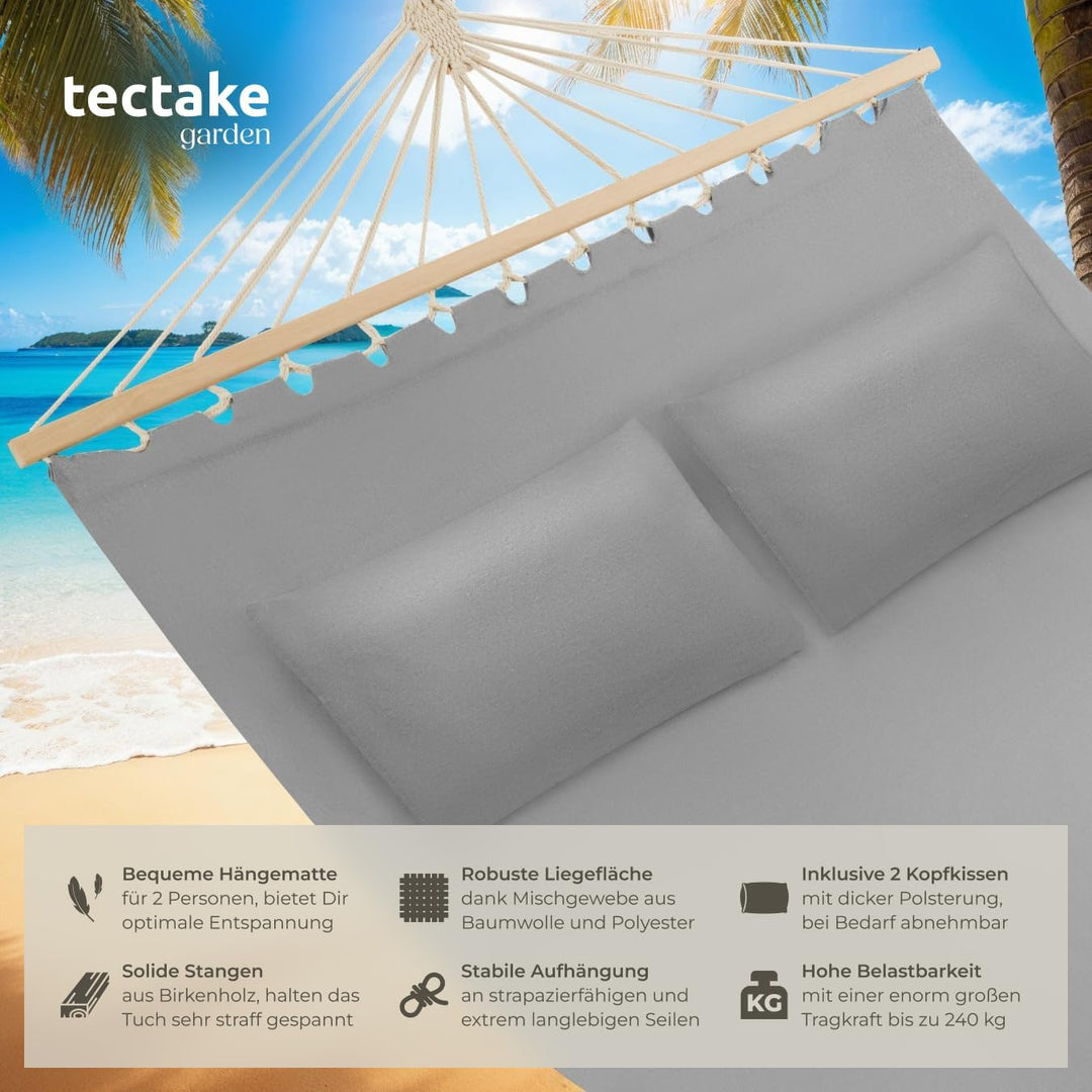 tectake® Doppel Hängematte Outdoor, XXL Stoff Schaukeltuch, Sonnenliege 2 Personen inkl. Kissen, Sch
