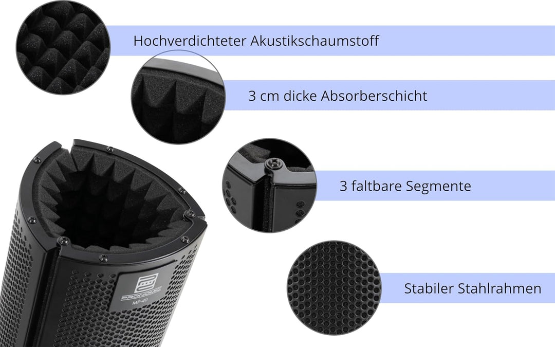 Pronomic MP-40 Micscreen-Tischstativ - Portabler Absorber und Diffusor - Ideal für Studio oder Podca