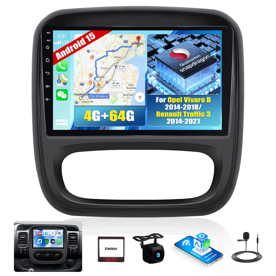 CAMECHO Android 15 Qualcomm 8Core 4+64G Autoradio für Renault Traffic 3 2014-2021/Opel Vivaro B 2014