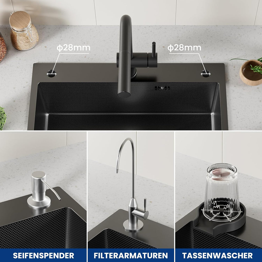 CECIPA Spülbecken Schwarz(Anthrazit) 60×49 cm, Edelstahl Waschbecken Küche mit Siphon und Überlauf,