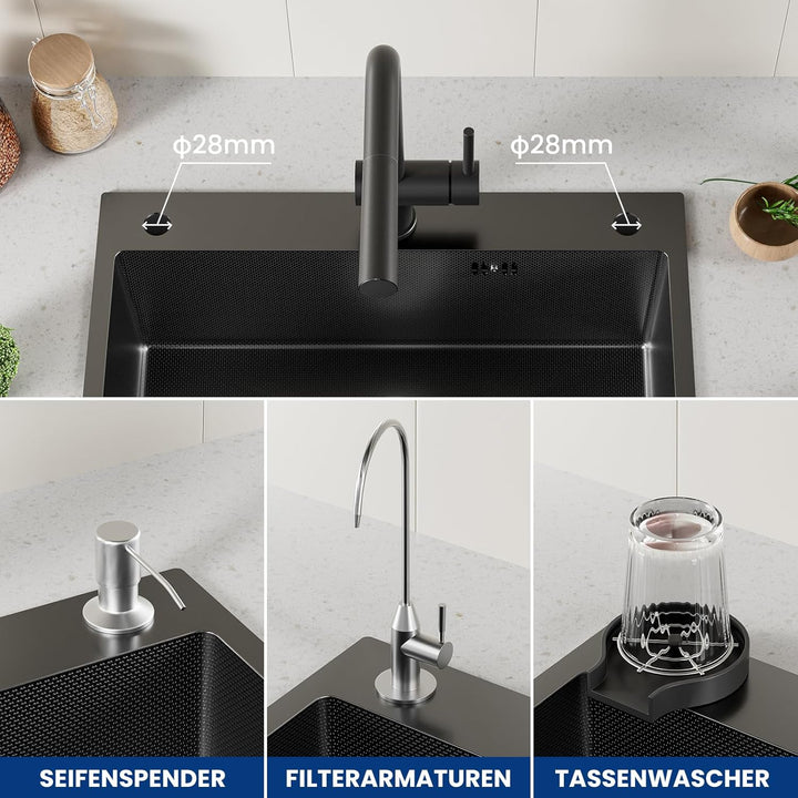 CECIPA Spülbecken Schwarz(Anthrazit) 60×49 cm, Edelstahl Waschbecken Küche mit Siphon und Überlauf,