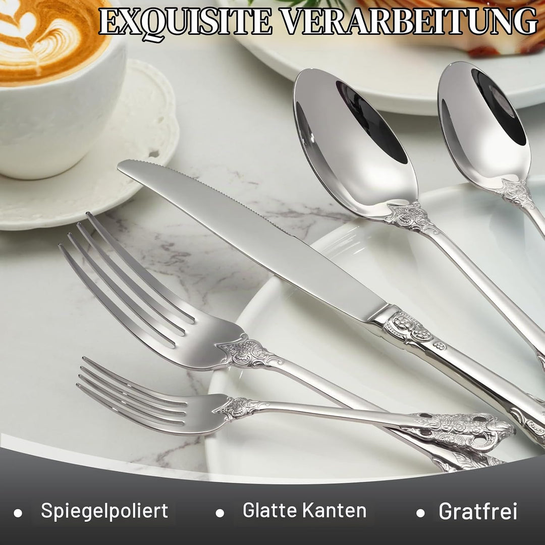 BEWOS 30 Stück Silber Palast Besteck Set, Hochwertig Edelstahl Besteck, Geprägte Design-Griffe, Bank