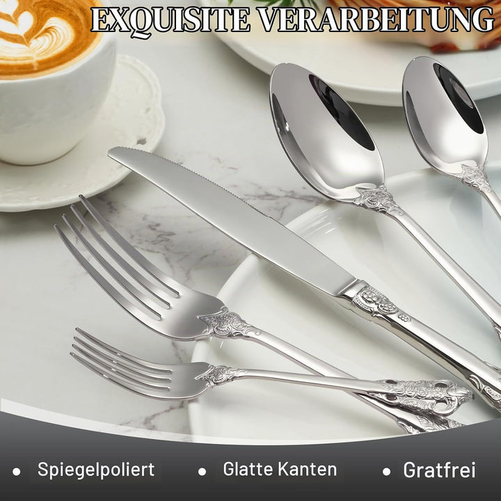 BEWOS 30 Stück Silber Palast Besteck Set, Hochwertig Edelstahl Besteck, Geprägte Design-Griffe, Bank