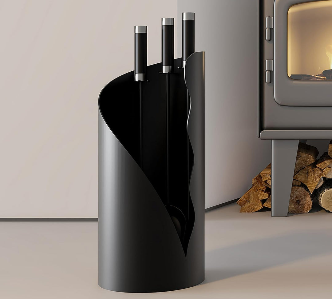 Kingson Kaminbegleiter-Set 3-teilig - Modernes Kaminbesteck mit Bürste, Schaufel & Schürhaken - Rund