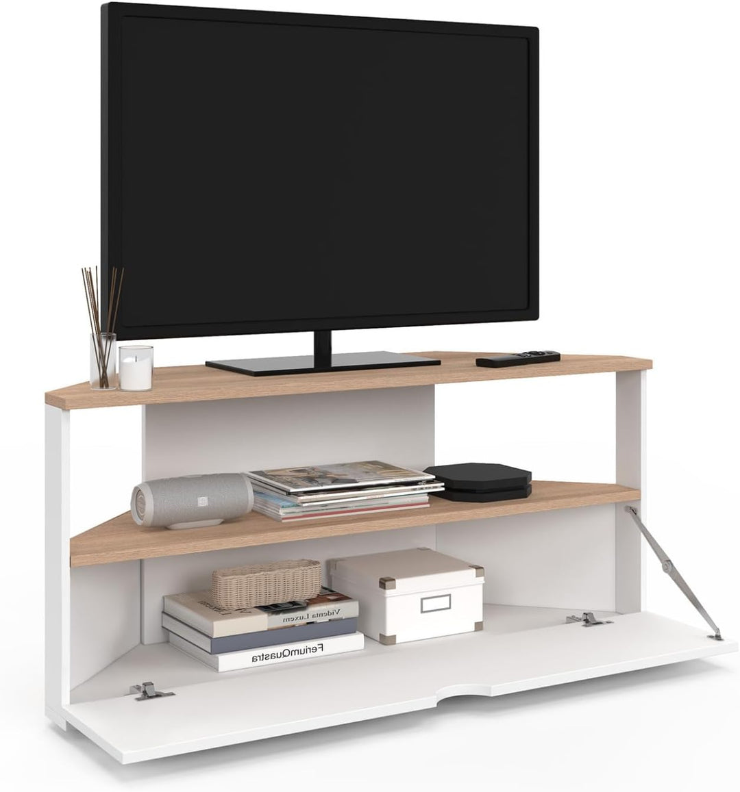 IDMarket – Eck-TV-Schrank 100 cm ELI Holzoptik Buche und Weiss
