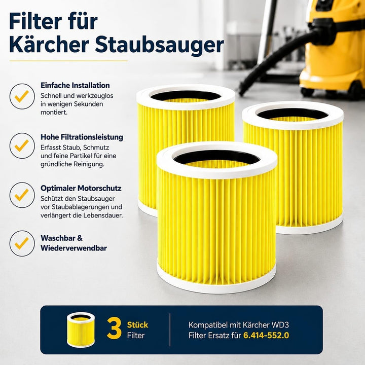 3x Filter für Kärcher Staubsauger, kompatibel mit Kärcher WD3 Filter, Premium WD2 WD 3 WD1 MV3 MV2 N