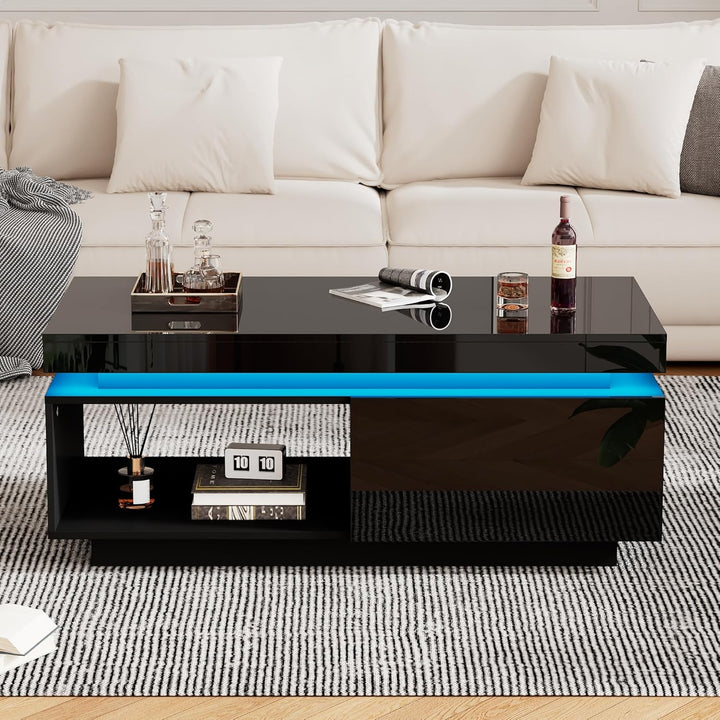 Merax Couchtisch Schwarz, Modern Wohnzimmertisch Hochglanz, mit 16-Farbiger LED Beleuchtung, Beistel