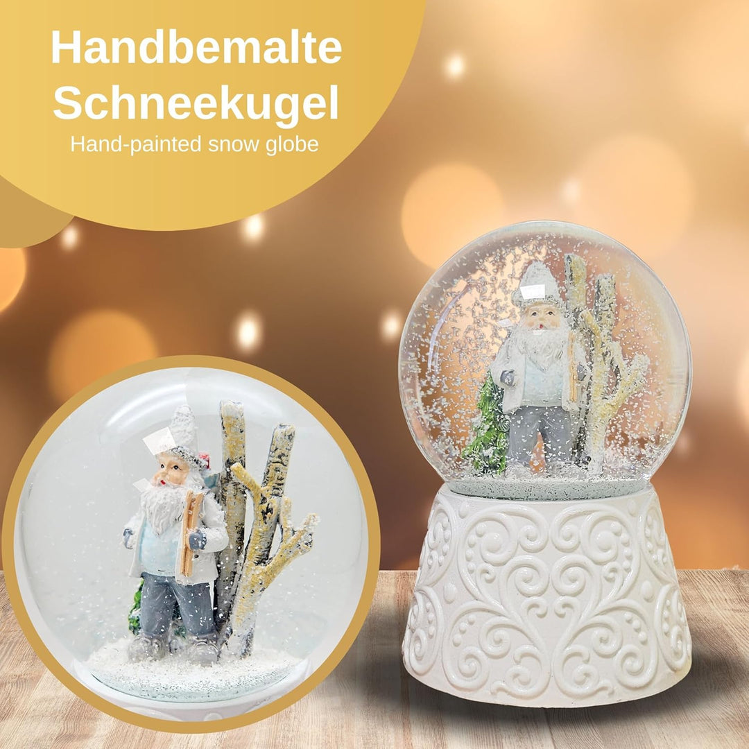 Schneekugel Weihnachten mit Musik | Weihnachtswichtel grau weiss | Sockel weiss Ornamente | H: 14cm