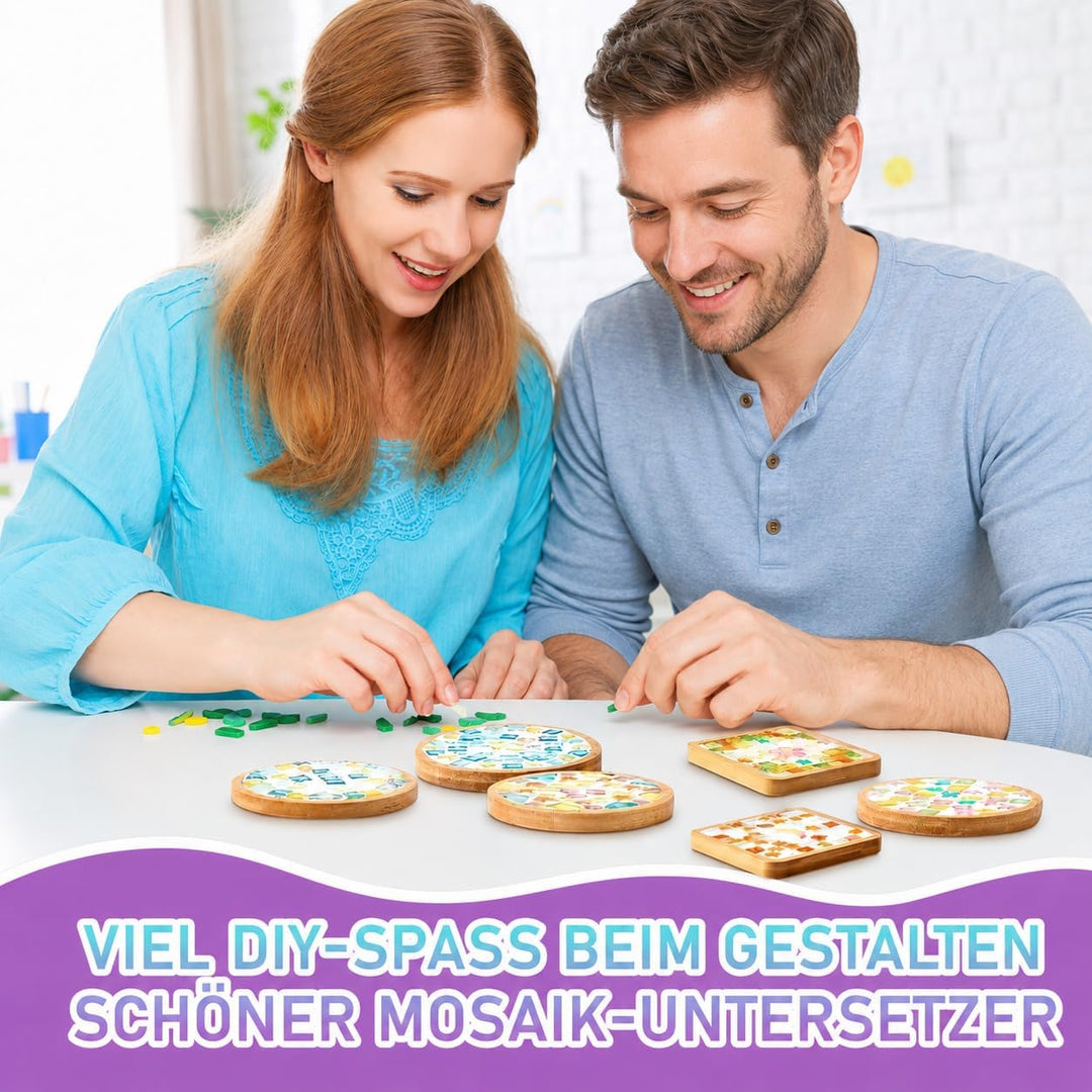 OGMBI 10 Stück DIY Mosaik Untersetzer Bastelset, Bunte Glasfliesen Coaster Set mit Holzuntersetzer,
